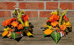 Gesteck 2 x Seide Gelb Orange Kunstblumen Sonnenblume Gerbera rund 25 cm Herbst