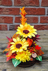 Gesteck Gelb Orange Kunstblumen Sonnenblume rund 35 H Herbst Filzblätter Deko