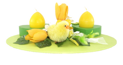 Gesteck Seide Grün Gelb Ostern Kunstblumen 2 Eierkerzen 2 Teelichter Dekoration