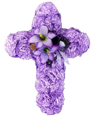 Grabgesteck Kreuz Styroporkreuz künstlich Nelken Lilien Friedhof Grabschmuck