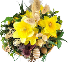 Casa-Poador Gesteck im Korb Osterglocken Lagurus Hase Kunstblumen Frühling Deko