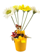 Topfblume Gerbera Gelb Weiß Kunstblumen Keramikgefäß rund Figur Blätter Geschenk