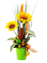 Gesteck Kunstblumen Sonnenblumen Mais im Topf Gelb Orange Figur Früchte