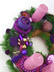Adventskranz Kranz künstliche Tanne 40 cm Lila Gold Kerzen Kugeln Sterne Advent