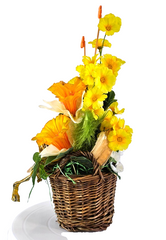 Casa-Poador Gesteck im Korb Osterglocken Primel Kunstblumen Frühling Dekoration