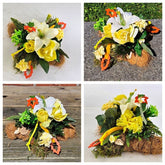 Grabschmuck Gesteck Moos Reisig Kissen künstliche Blumen RoseGelb Natur Friedhof