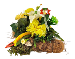 Grabschmuck Gesteck Moos Reisig Kissen künstliche Blumen RoseGelb Natur Friedhof