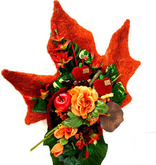 Gesteck Seide Ahornblatt Trocken Lachs Rot Kunstblumen Rosen Äpfel Früchte Deko