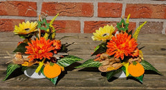 Gesteck 2 x Seide Gelb Orange Kunstblumen Sonnenblume Gerbera rund 25 cm Herbst