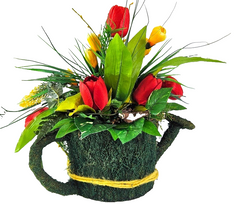 Casa-Poador Gesteck Kunstblumen Naturgefäß Gießkanne Tulpen Frühling Dekoration