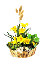 Casa-Poador Gesteck im Korb Osterglocken Lagurus Hase Kunstblumen Frühling Deko