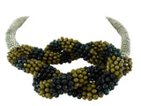 HALSKETTE COLLIER 16 cm D. Band Grün Knoten silber / grün / olivefarbene Perlen