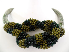 Halskette Collier 16 cm D. Band Grün Knoten silber / grün / olivefarbene Perlen