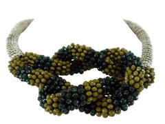 HALSKETTE COLLIER 16 cm D. Band Grün Knoten silber / grün / olivefarbene Perlen