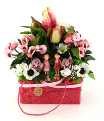 Gesteck Seide Rosa Weiß Kunstblumen Sisaltasche Frühling Magnolie Figuren 32 H