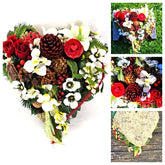 Grabschmuck Herz Kissen Moos 30 cm rot Weiß Rose Kunstblumen Zapfen Grabgesteck