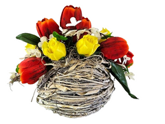 Casa-Poador Gesteck Kunstblumen Naturgefäß rund Kugel Tulpen FrühlingDekoration