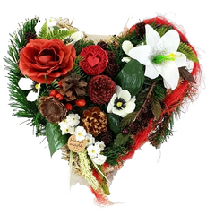 Grabschmuck Herz Kissen Moos 30 cm rot Weiß Rose Kunstblumen Zapfen Grabgesteck