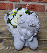 Casa-Poador Gesteck künstlich in Engelschale Beton Weiß Grau Kunstblumen 14 cm H