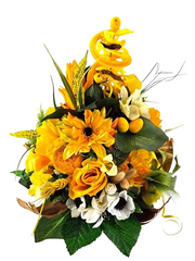 Strauß Osterstrauss Gelb Weiß Seide Kunstblumen Tulpen Eier Federn Kücken Deko