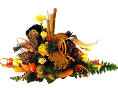 Grabstrauß Gelb Orange Naturmaterial künstliche Blumen Querstrauß Friedhof