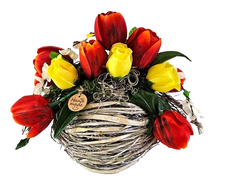 Casa-Poador Gesteck Kunstblumen Naturgefäß rund Kugel Tulpen FrühlingDekoration