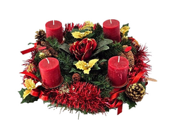 Adventskranz Rot Gold künstliche Tanne 30 cm Kerzen Zapfen Rote Rose