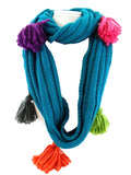 SCHAL RUNDSCHAL QUASTEN Loop Wickelschal Türkis gestrickt Polyester 70 x 25 cm