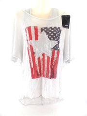 T - Shirt & Top America Vintage Flagge und Stern Grau One Size Pailetten Top !!