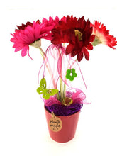 Gesteck Topfblume Gerbera Rosa Pink Kunstblumen Keramikgefäß rund Dekoration