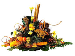 Grabstrauß Gelb Orange Naturmaterial künstliche Blumen Querstrauß Friedhof