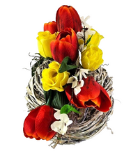 Casa-Poador Gesteck Kunstblumen Naturgefäß rund Kugel Tulpen FrühlingDekoration