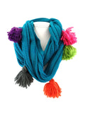 SCHAL RUNDSCHAL QUASTEN Loop Wickelschal Türkis gestrickt Polyester 70 x 25 cm