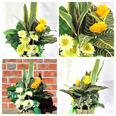 Casa-Poador Gesteck Kunstblumen Korb Topf rund Gelb Weiß Gummibaum Gerbera