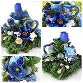 Grabschmuck Gesteck Kissen künstliche Blumen Tanne Christrose Blau Friedhof