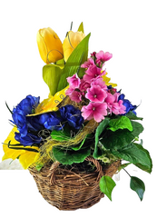 Casa-Poador Gesteck im Korb Primel Osterglocken Krokus Kunstblumen Frühling Deko