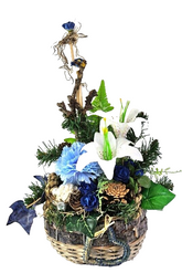 Casa-Poador Grabschmuck Grabgesteck Blau Weiß Lilien Zapfen Kunstblumen Tanne