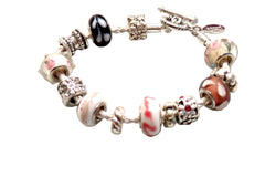 ARMBAND mit Leder in Weiß, Rosa, Silberfarbene Perlen, Knebelverschluss Top