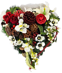 Grabschmuck Herz Kissen Moos 30 cm rot Weiß Rose Kunstblumen Zapfen Grabgesteck