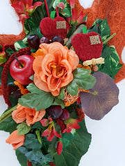 Gesteck Seide Ahornblatt Trocken Lachs Rot Kunstblumen Rosen Äpfel Früchte Deko