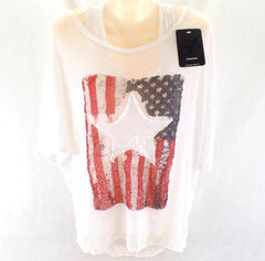 T - Shirt & Top America Vintage Flagge und Stern Weiß One Size Pailetten Top!!