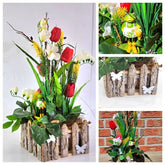 Casa-Poador Gesteck Kunstblumen Naturgefäß Tulpen Frühling FroschfigurDekoration