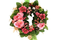 Kranz Tür / Wand Kranz künstlich wie echt Rosen Rosa Grün 25 cm Hafer