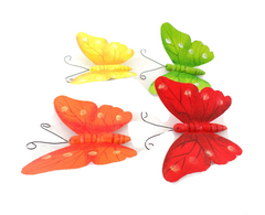 12 Metallschmetterlinge Box 4 Farben Gelb Orange Rot Lindgrün 9 x 6 cm Deko