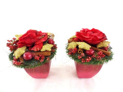 Weihnachtsgestecke Tischschmuck Rote Rose Gold Sterne Natur künstliche Tanne