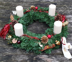 Adventskranz Rot Creme 40 cm künstliche Tanne Kerzen Zimt Zapfen Kugeln