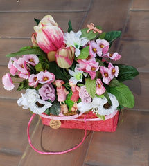 Gesteck Seide Rosa Weiß Kunstblumen Sisaltasche Frühling Magnolie Figuren 32 H