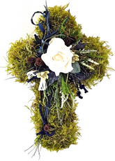 Grabschmuck Gesteck Moos Kreuz künstliche Blumen Weiß Blau Natur Friedhof