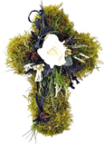 CASA - POADOR GRABSCHMUCK Moos Kreuz künstliche Blumen Weiß Blau Natur Friedhof