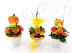 Gestecke 3 x künstlich Gelb Grün Orange Kunstblumen Filztaschen Dekoration